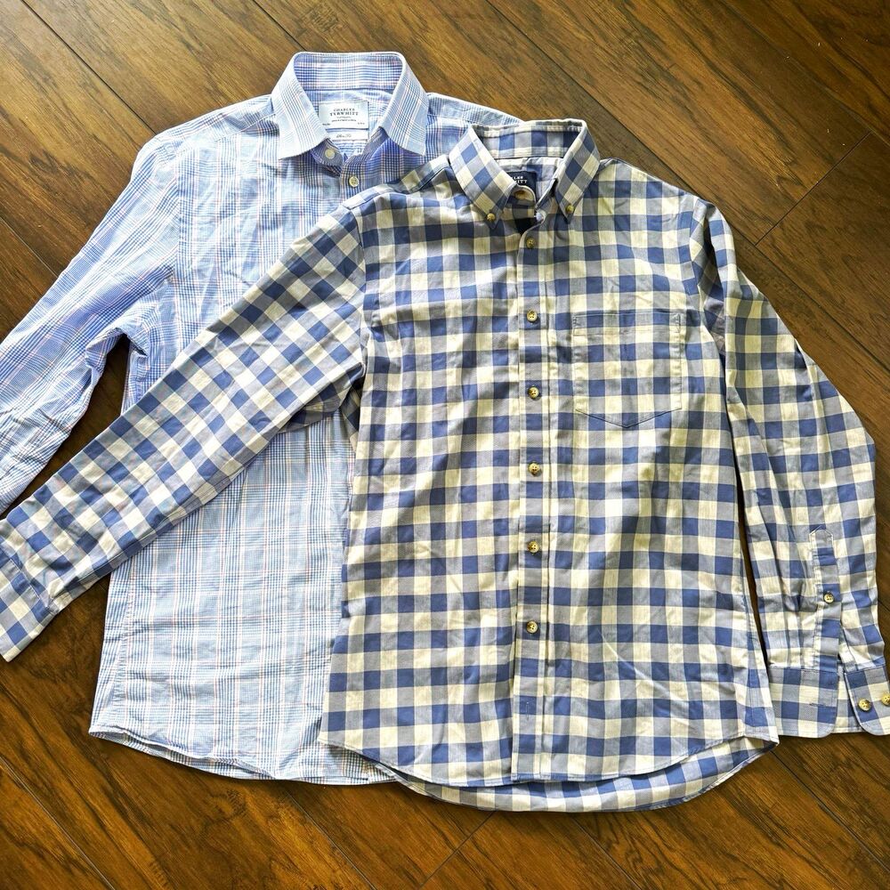 LOT Charles Tyrwhitt Weekend Dress Shirt Small Slim Fit Blue Check Button-Down